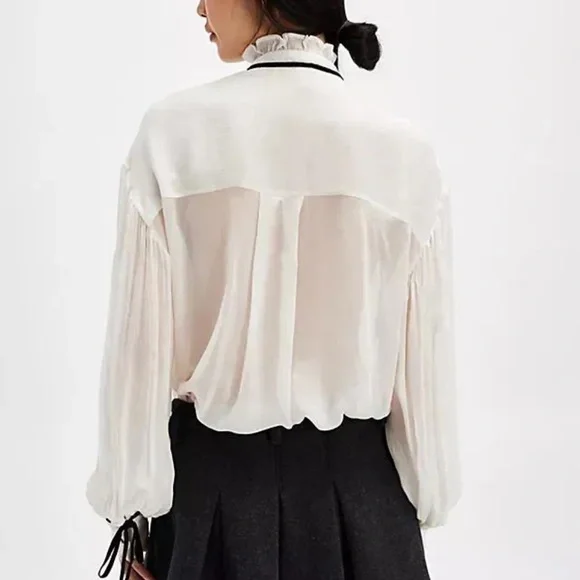 Free People Olivia White Blouse with Black Trim Top - Picture 5 of 7